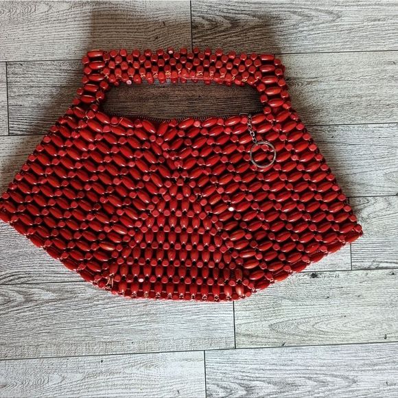 Vintage Handbags - Vintage 1950s Red Wooded Beaded Bad Purse Classic Preppy Retro Pin-Up Rockabilly